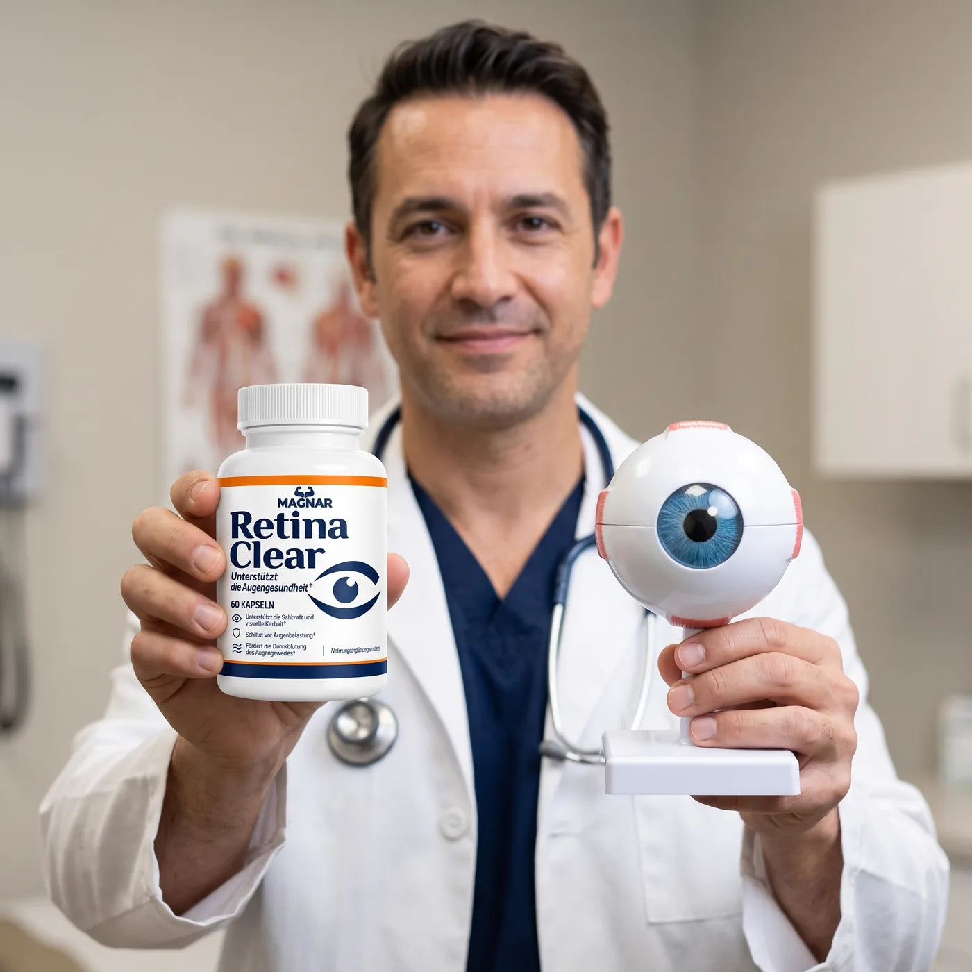 Augenarzt mit MAGNAR Retina Clear und Augenmodell