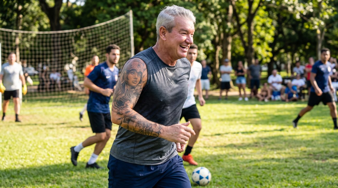 Uomo che gioca a calcio al parco